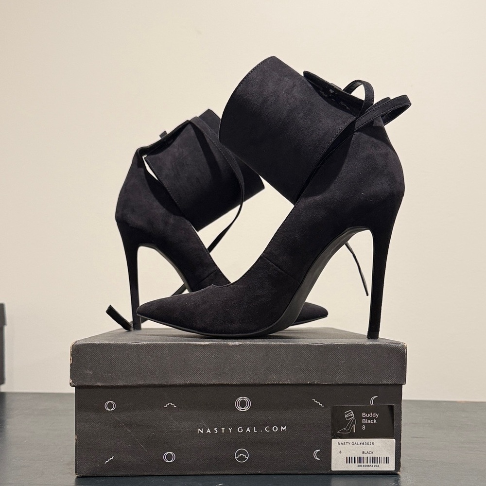Nasty Gal Black Suede Pointed Toe Stiletto Ankle Cuff Heels